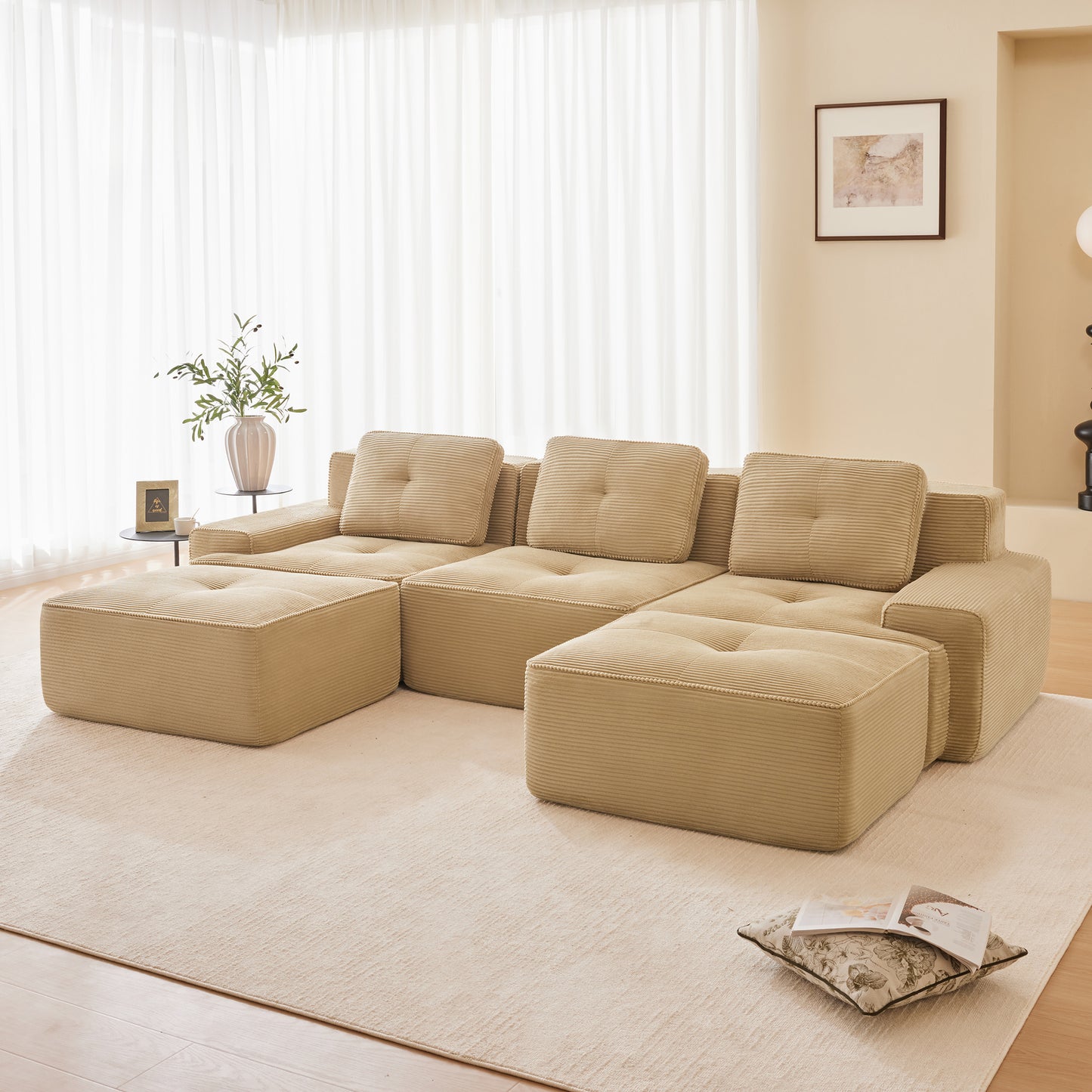 Modular Sectional Sofa for Living Room, Corduroy Fabric Deep Seat and Movable Ottoman, Pearl-like piping, Tufted Design, No Assembly