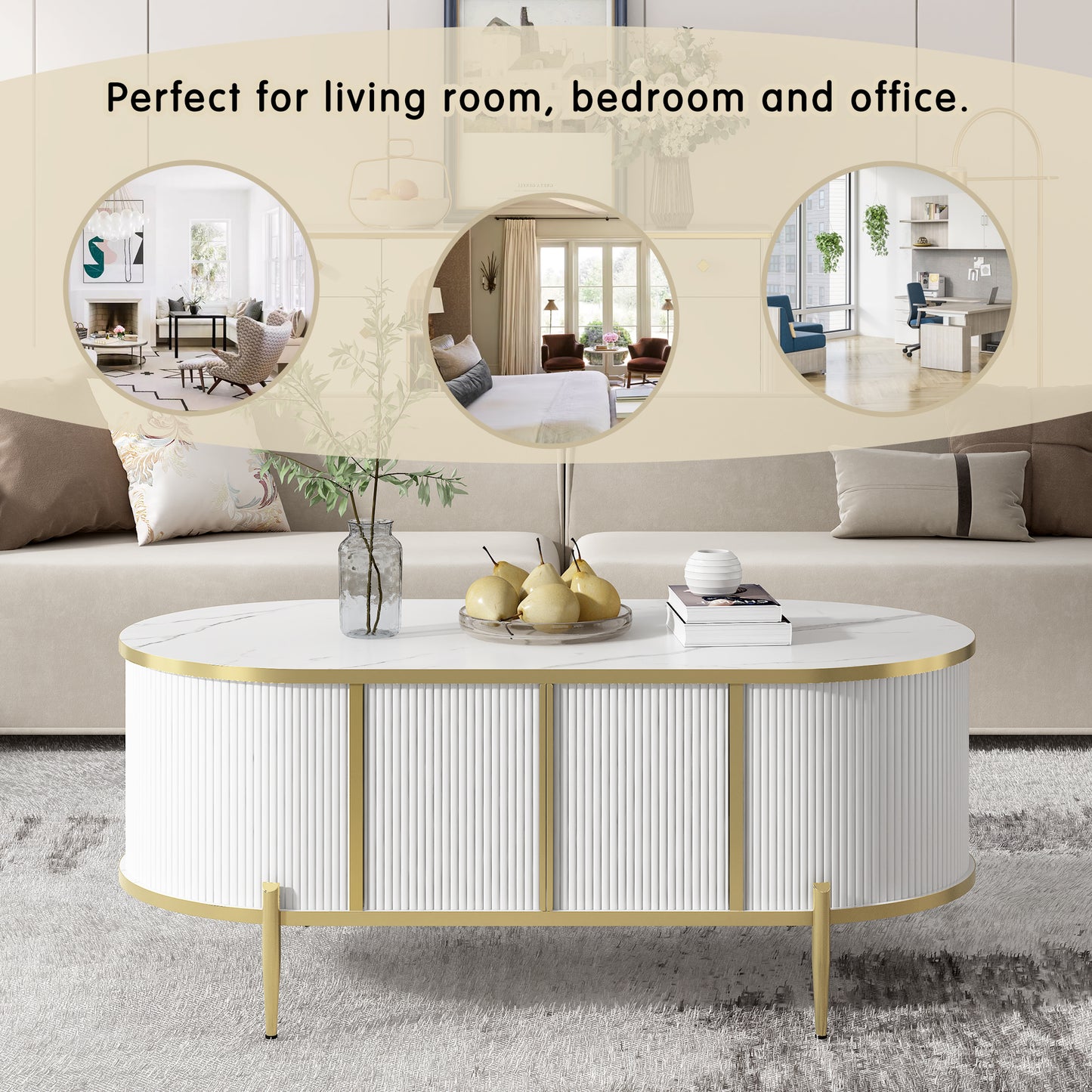 Modern Luxury Living Room Coffee Table: Oval Fluted, Marble - Patterned Top