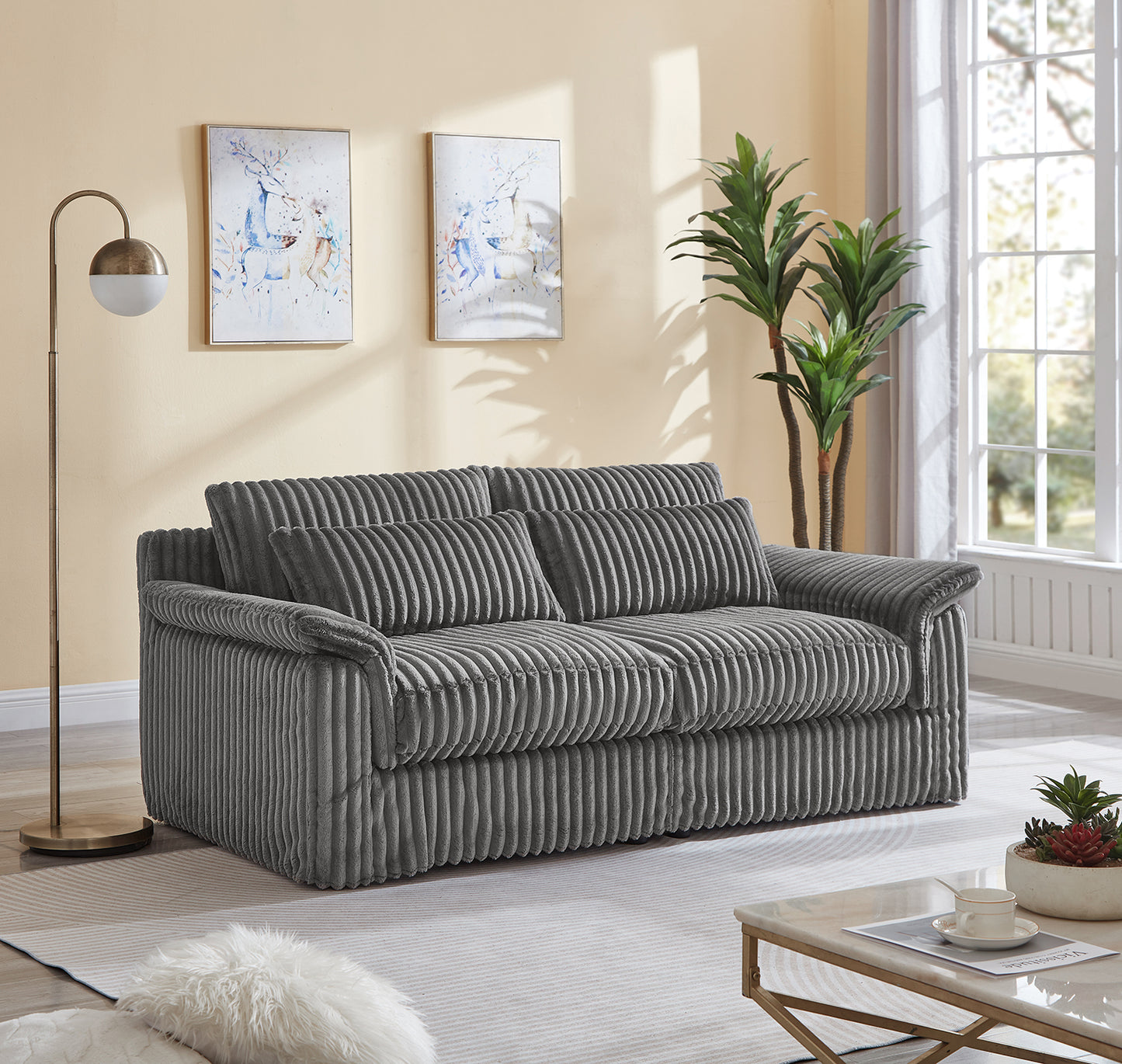 Cloud Corduroy Loveseat Sofa – Modern 2-Seater Comfy Couch for Small Spaces, Living Room, Bedroom, Apartment (Gray/Orange/Green)