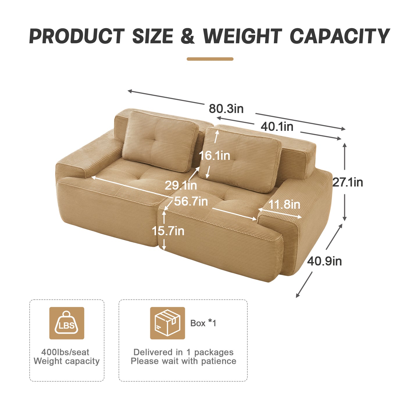 Modular Sectional Sofa for Living Room, Corduroy Fabric Deep Seat and Movable Ottoman, Pearl-like piping, Tufted Design, No Assembly