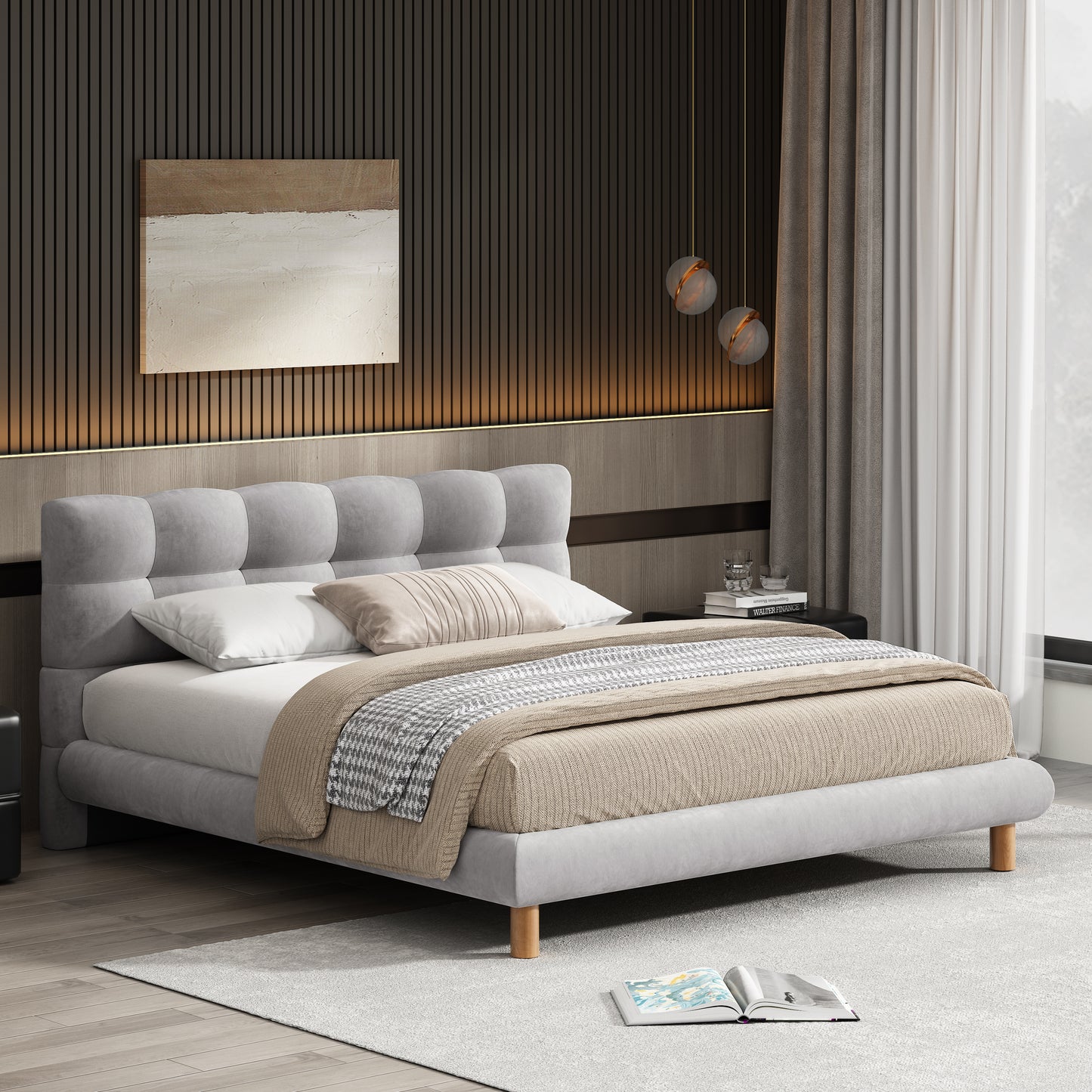 Cozy Upholstered Platform Bed: Cookie - Shaped Headboard, Effortless Assembly