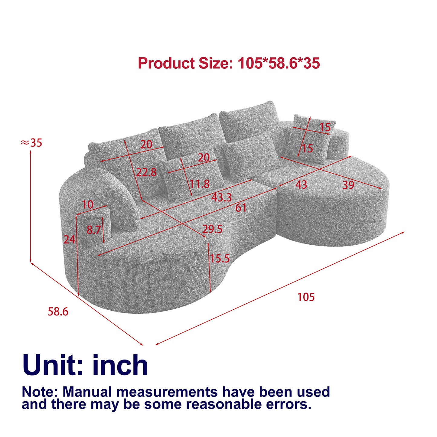 Modern Upholstered Oversized Sectional Sofa,  Chenille 4-Seater Extra Deep & Wide Seat Curved Cloud Couch with 7 Pillows