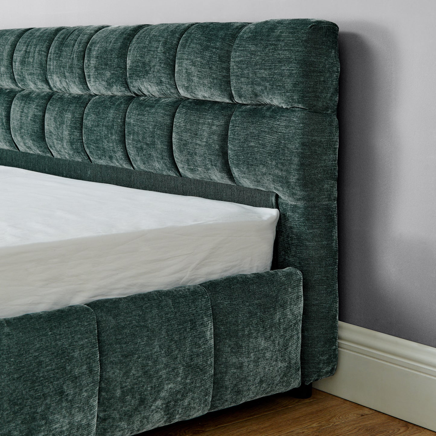 California King size Upholstered Bed Frame, Chenille fabric with headboard and solid bed frame. With drawer for storage