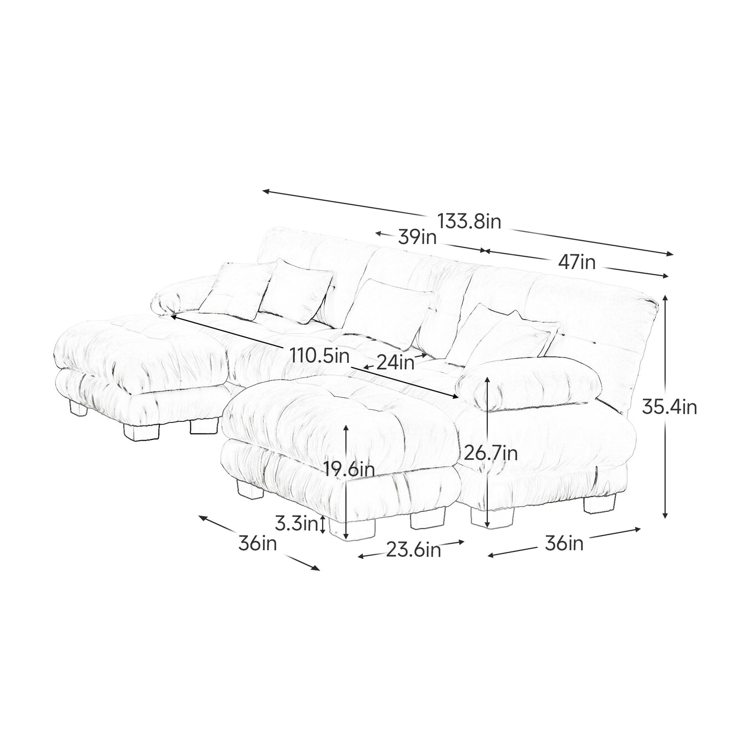 Chenille Cloud Couch: 2 - 4 Seater L - Shape Sofa for Living Room with Pillows
