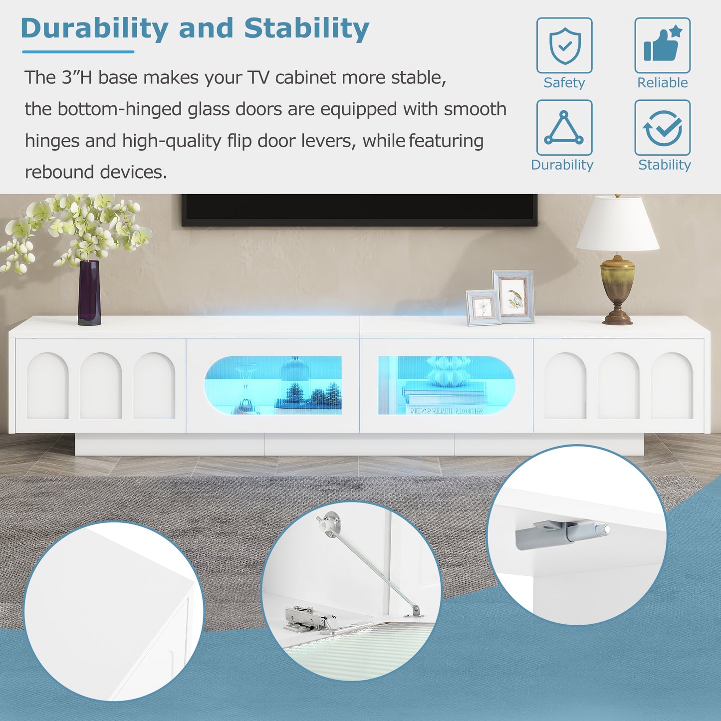 TV Stand with Fluted tempered Glass Doors for TVs Up to 95''Entertainment Center with APP-Controlled LED Light