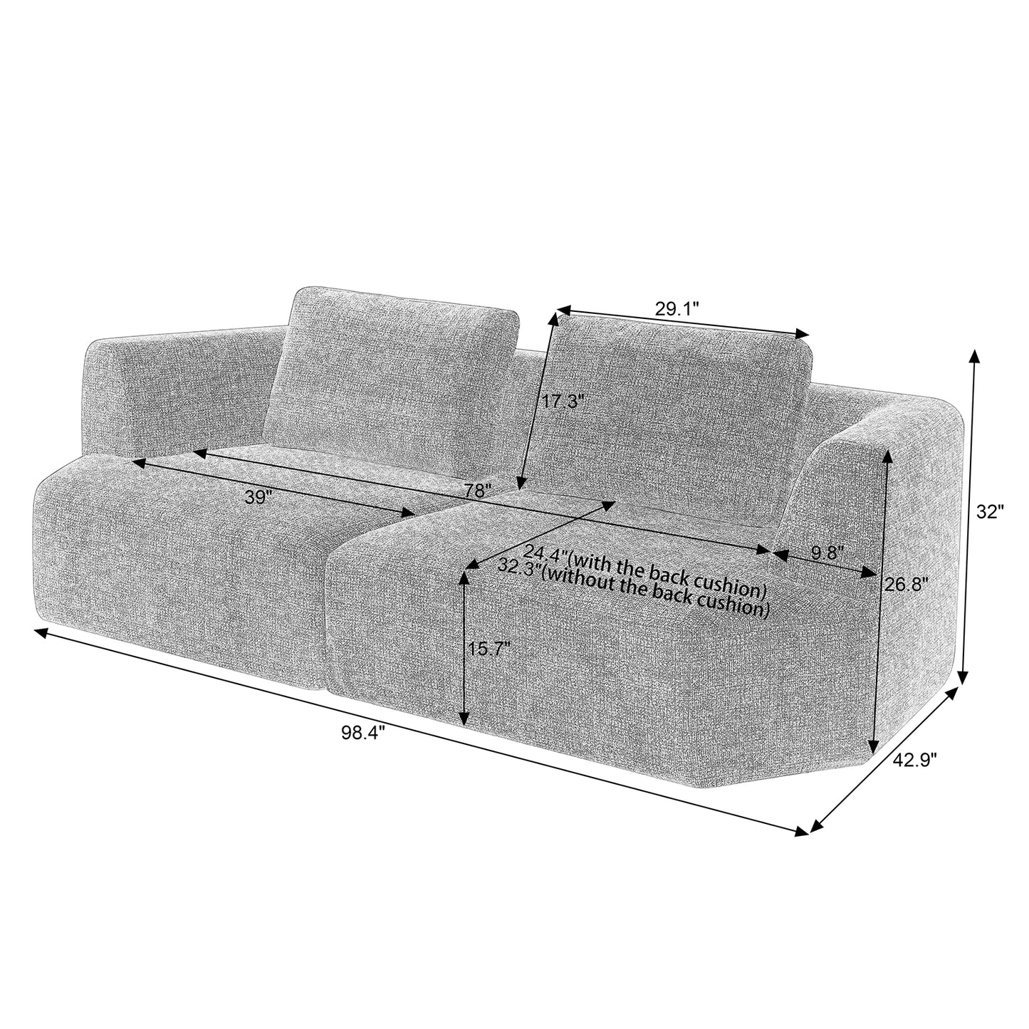 98" 3 Seater Compressed Sofa with Chenille Fabric, No Assembly