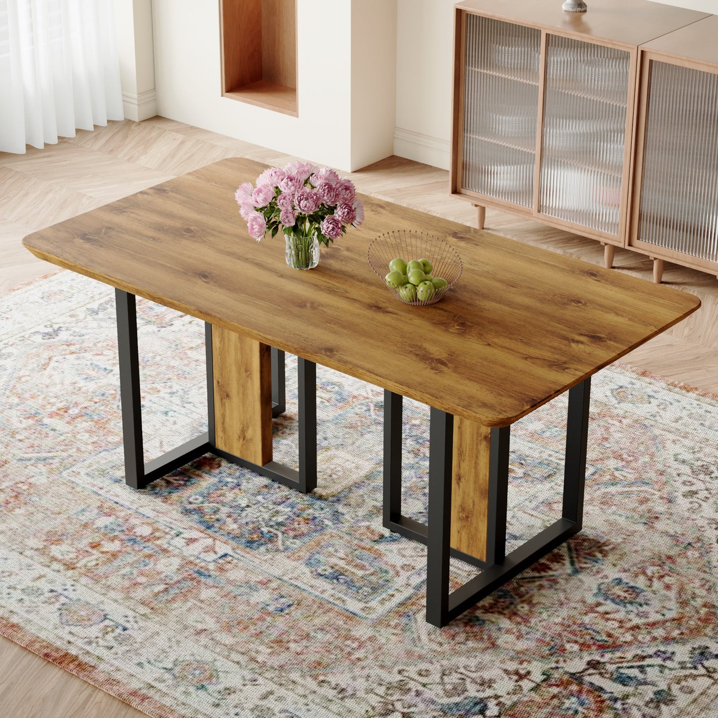 White Rectangular With a Patterned Dining Table. MDF Table and Stainless Steel Frame
