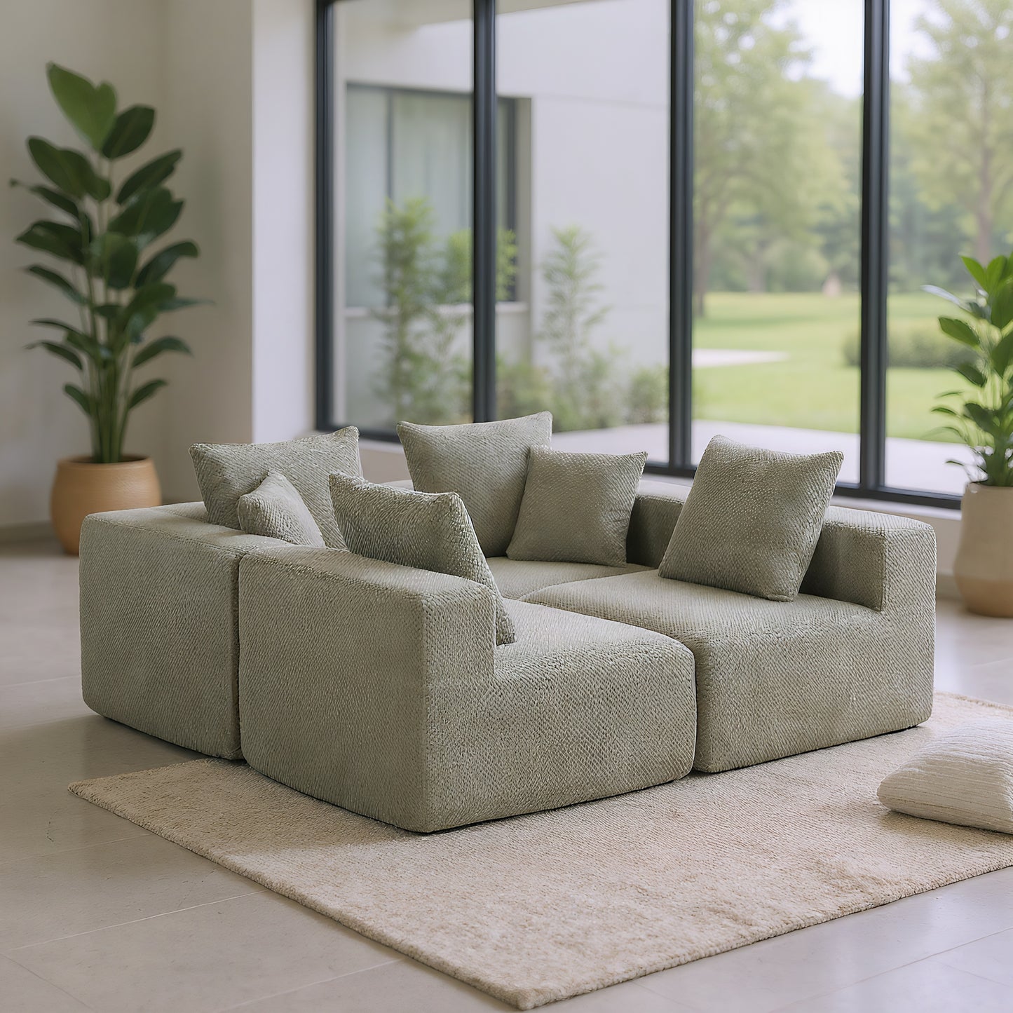 Modular 3-4 Seat Sectional Sofa – All-Foam Deep-Seat Couch with Plush Textured Chenille (Light Green)