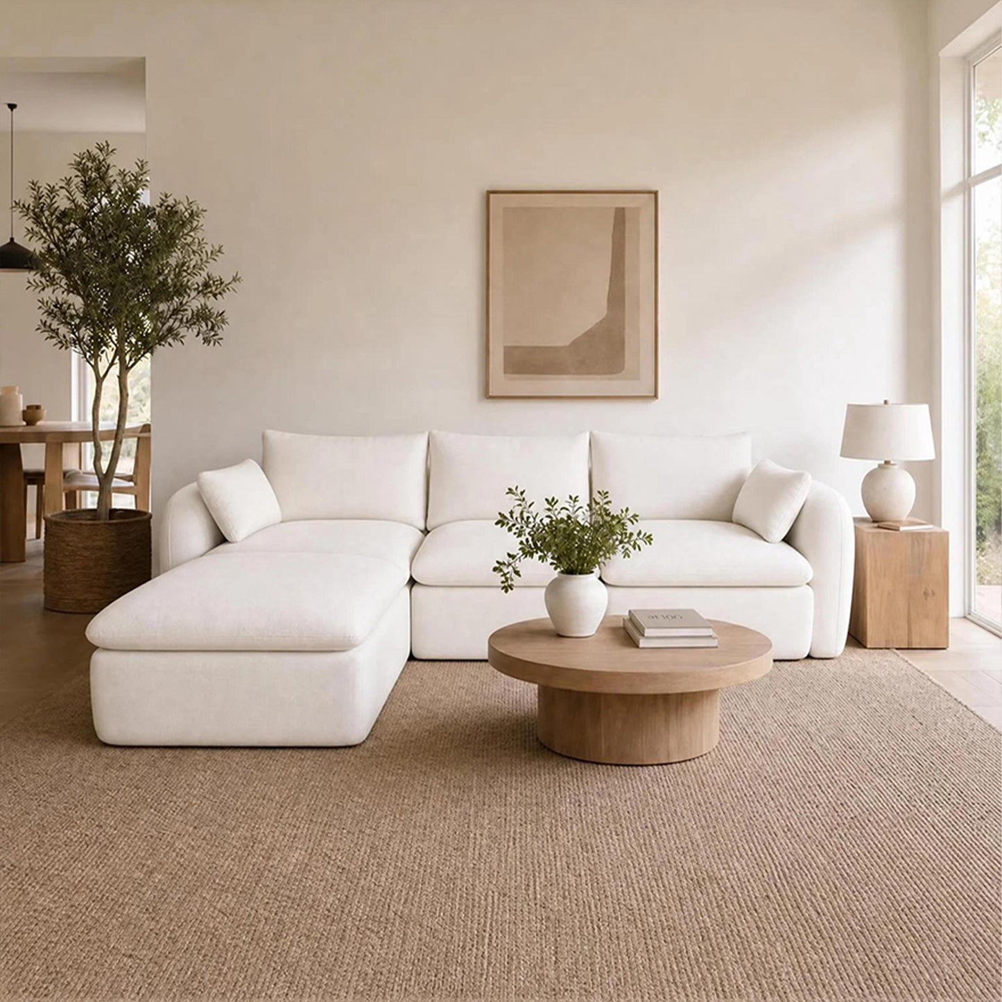 Fully Sponge Compressed Sectional Sofa – High Resilience Foam, White Chenille, Modular Loveseat/ L-Shaped Sofa