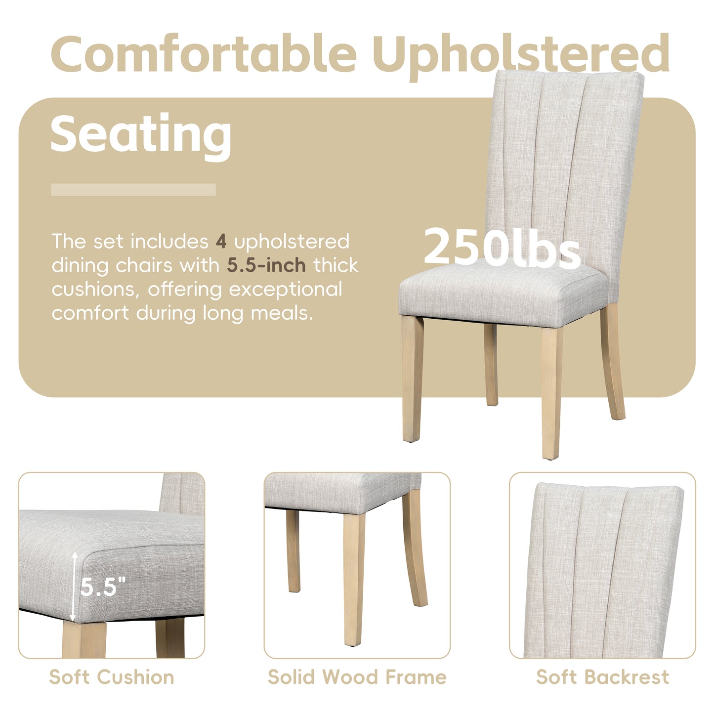 Extendable Wood Dining Table Set for 6, Kitchen Table Set with Bench and 4 Upholstered Chairs