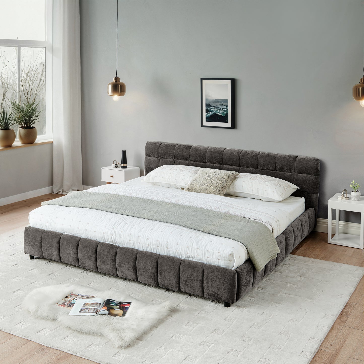 California King size Upholstered Bed Frame, Chenille fabric with headboard and solid bed frame. With drawer for storage