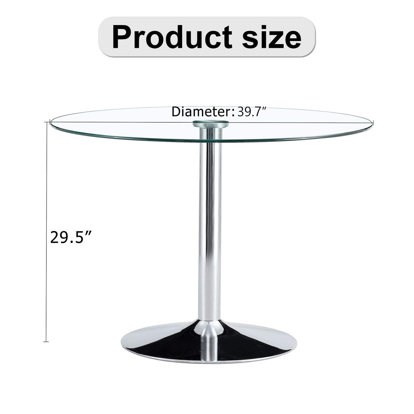 35”、39“inch diameter glass top and a modern, minimalist round dining table with silver metal legs