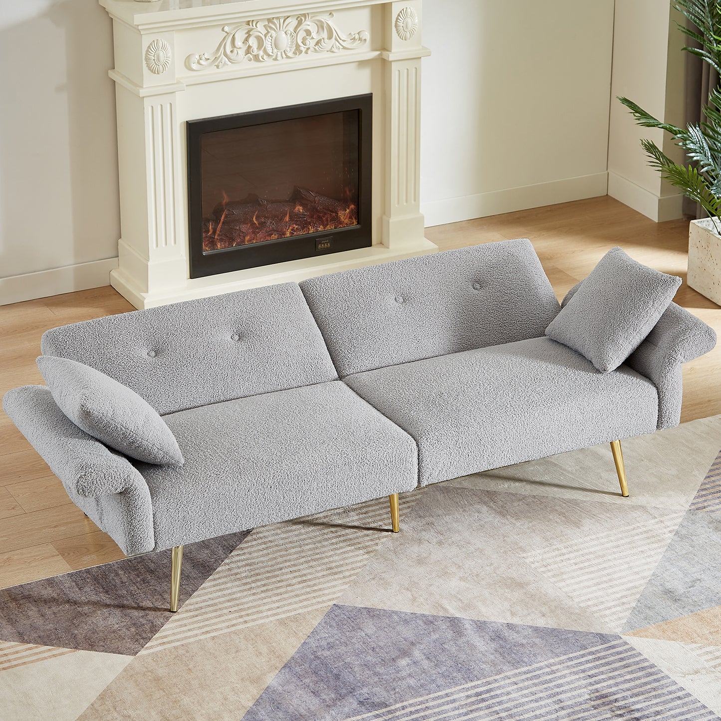 Folding Sleeper Sofa Bed with Foldable Armrest, Adjustable Backrest &amp; Golden Metal Legs – 3-in-1 Futon Loveseat for Living Room (Grey/Dark Blue)