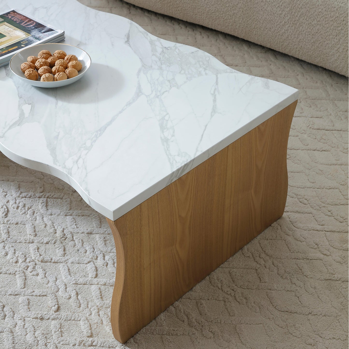Modern Faux Marble Coffee Table  End Table Set | White Marble Top, Solid Wood Veneered Base – Flowing Wave Design, Natural/Walnut