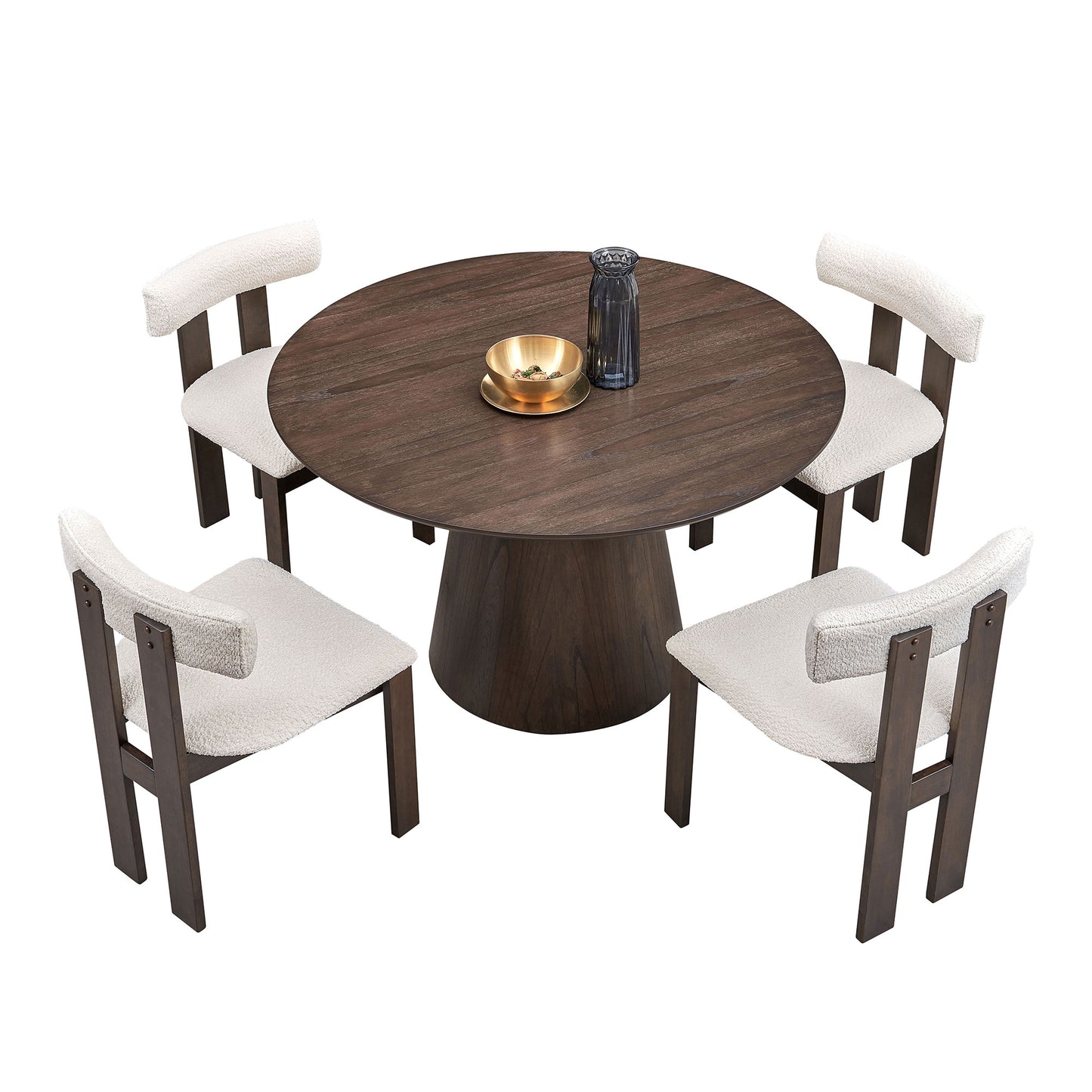 Modern Round MDF Wooden Dining Table and Boucle Upholstered Chair Ensemble