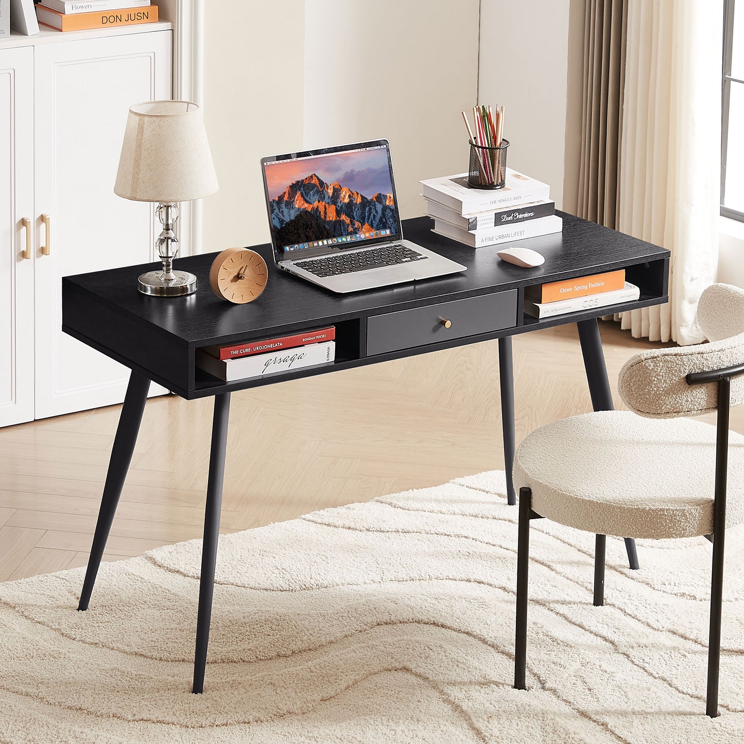 Mid - Century Modern Desk: USB Ports, Power Outlet, Drawers for Home Office