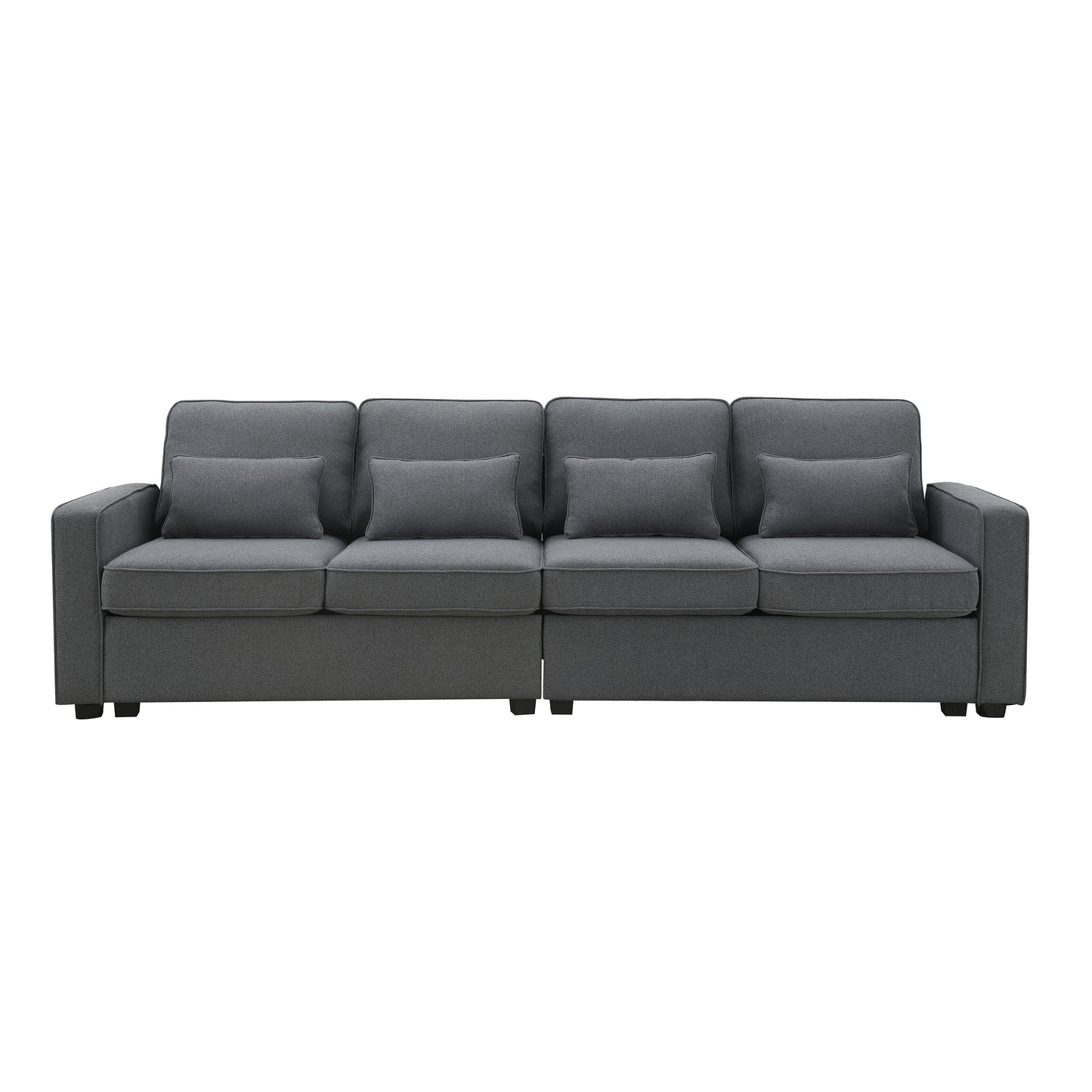 Modern 4-Seater Linen Fabric Sofa with Armrest Pockets and 4 Pillows