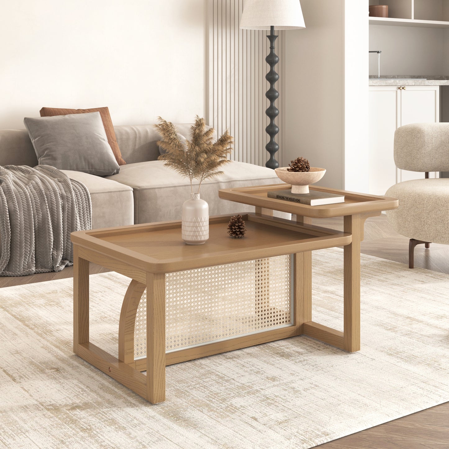 Modern 2 - Piece Nesting Coffee Table Set: Rattan Wood and MDF