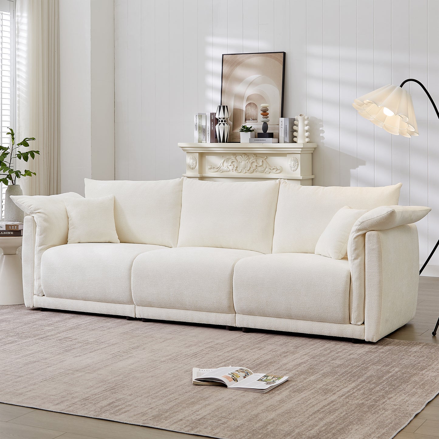 3-seater sofa with unique design and soft arm pillows Contemporary style linen sofa with 3 comfortable cushions with 2 pillows