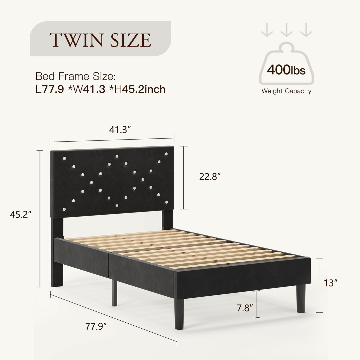 Modern Platform Bed Frame with Upholstered Headboard and Wooden Slats - Skip Box Spring, Easy Assembly
