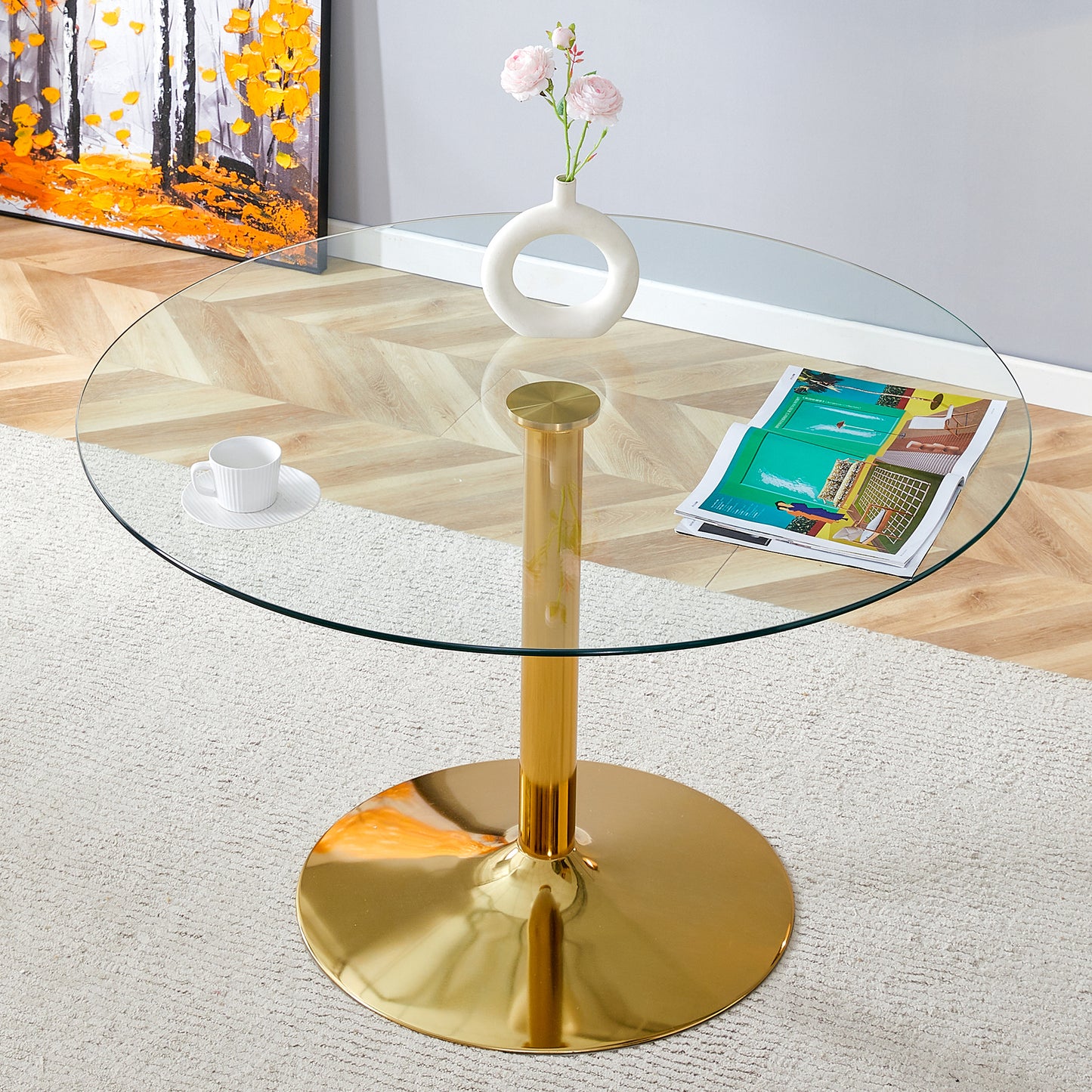 Modern Minimalist Round Dining Table - Gold Metal Legs, Diameter Glass Top for Multiple Rooms