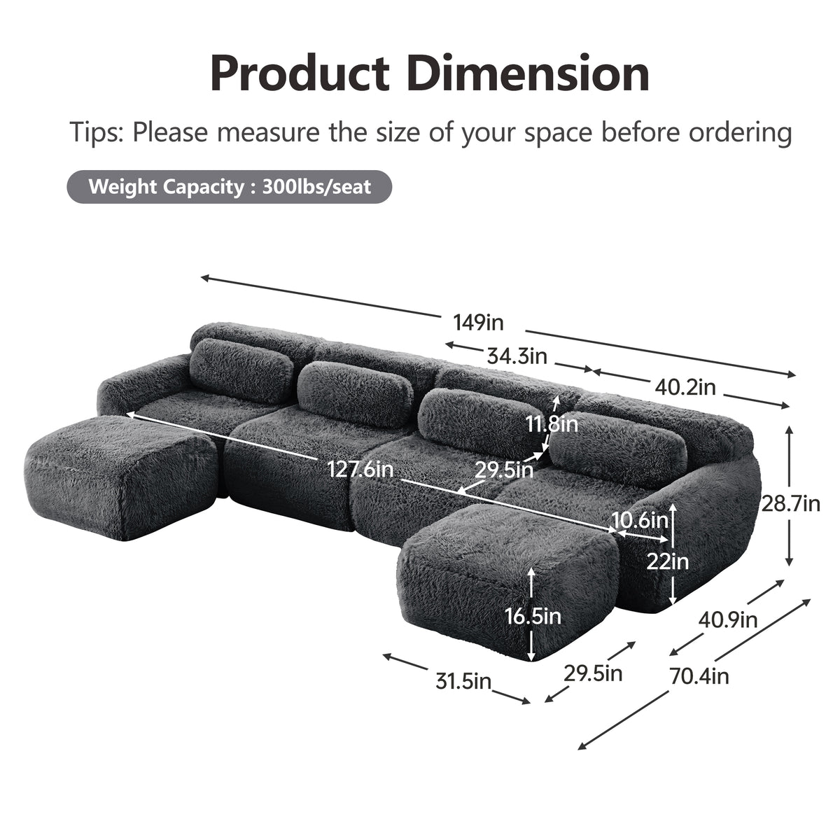 2-4 Seat Soft  Fluffy Plush Boneless Sofa – Modular Sectional with Throw Pillows, 32D High-Density Sponge, No Assembly, Anti-Slip Buckle Connection