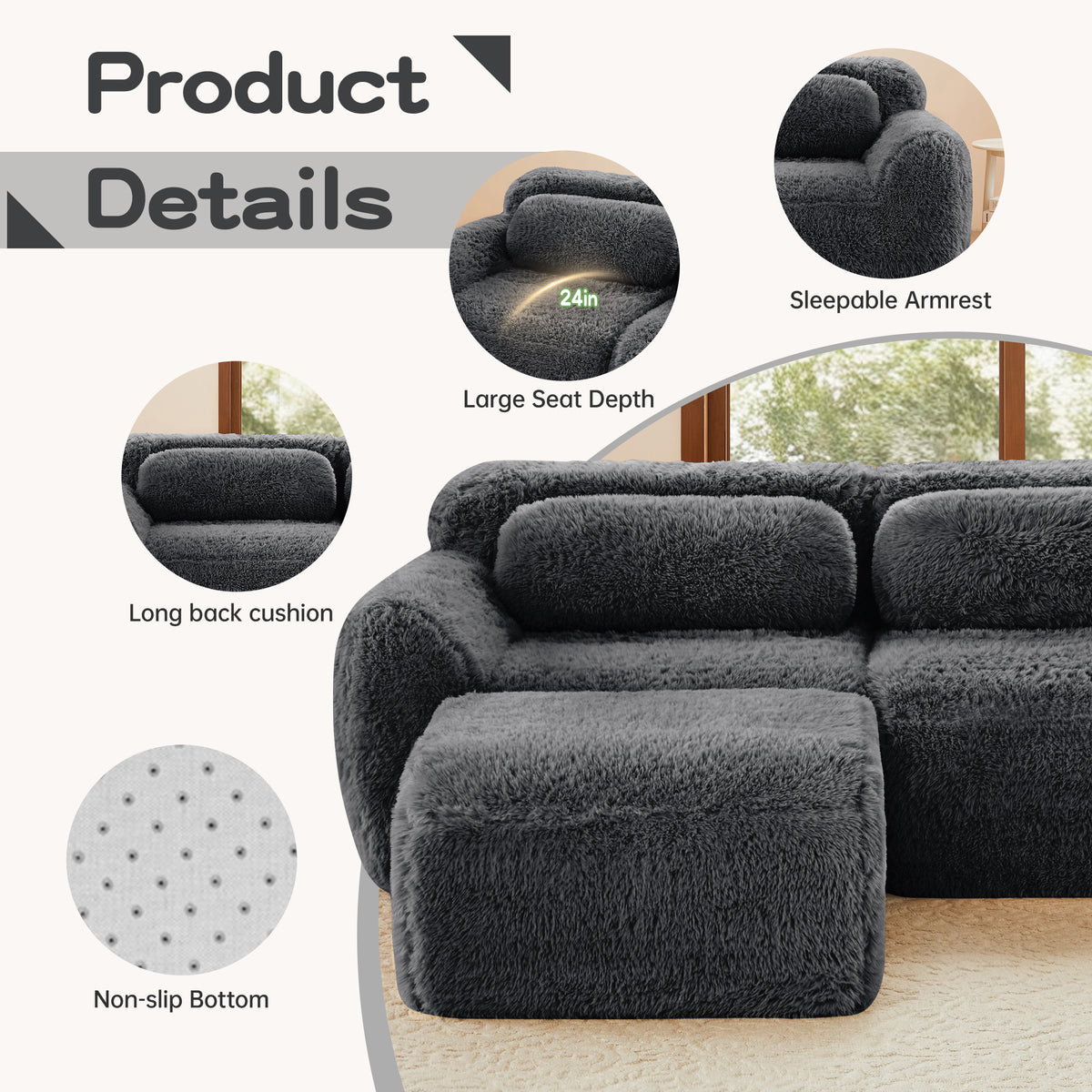 2-4 Seat Soft  Fluffy Plush Boneless Sofa – Modular Sectional with Throw Pillows, 32D High-Density Sponge, No Assembly, Anti-Slip Buckle Connection