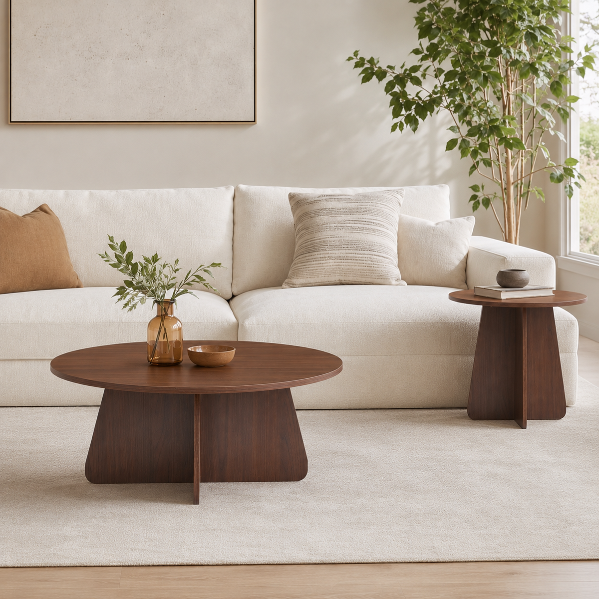 Retro-Style Nesting Coffee Table Set – Walnut or Natural Wood Finishes, Round Side Tables with Crisscross Legs