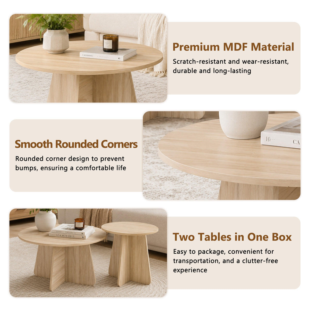 Retro-Style Nesting Coffee Table Set – Walnut or Natural Wood Finishes, Round Side Tables with Crisscross Legs