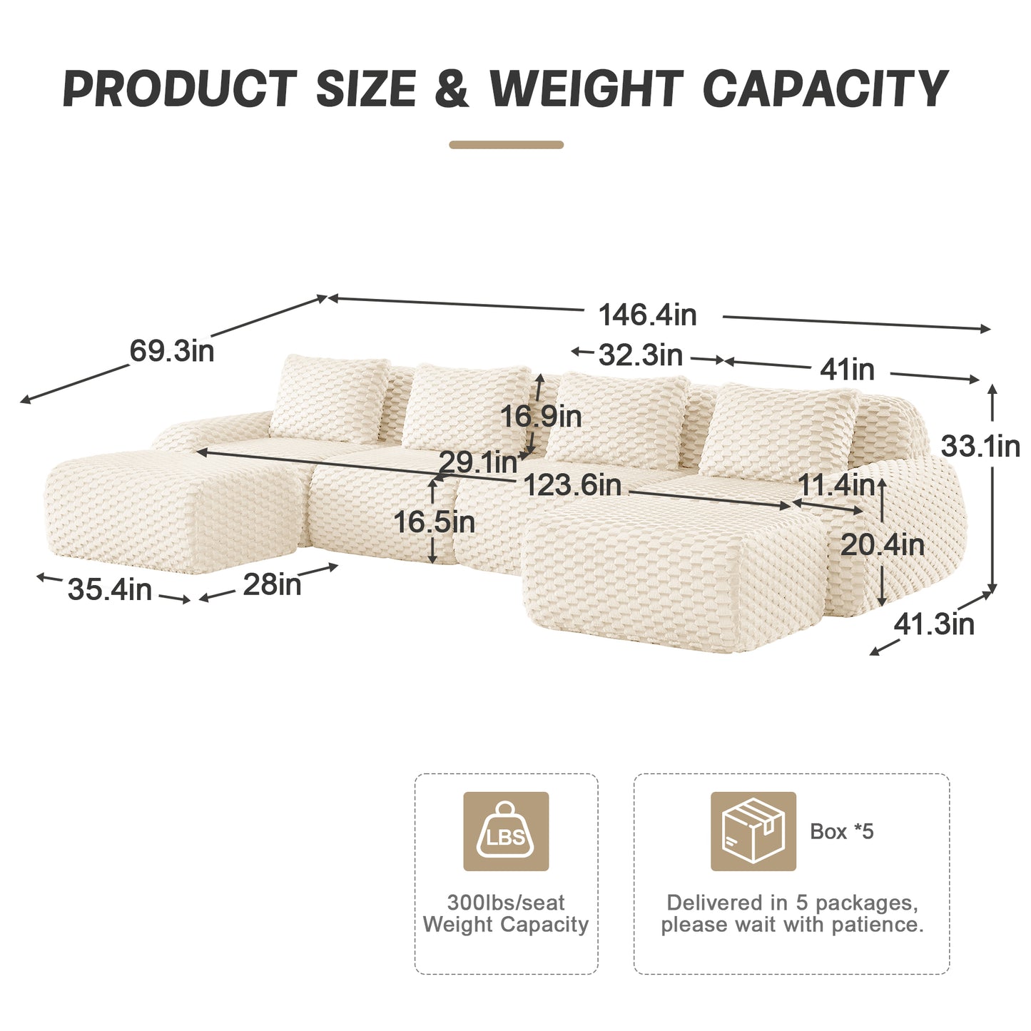 Modular Sectional Sofa for Living Room,Flannelette Fabric,Oversized 2-4 Seater Couch,Deep Seat,Boneless sofa
