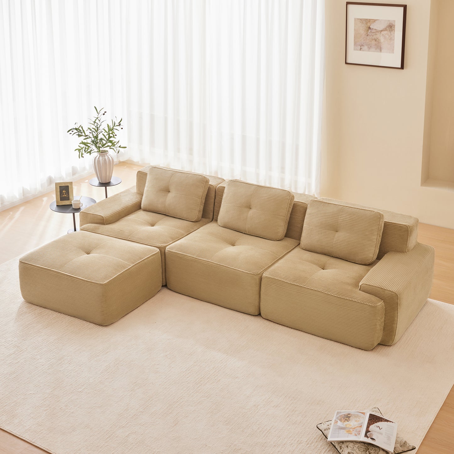 Modular Sectional Sofa for Living Room, Corduroy Fabric Deep Seat and Movable Ottoman, Pearl-like piping, Tufted Design, No Assembly