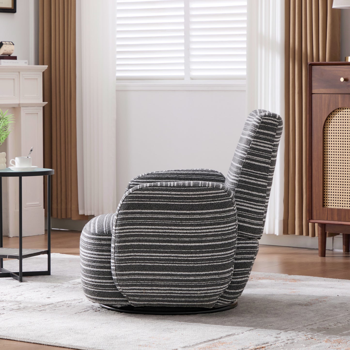Swivel Leisure Chair | Fabric Striped Armrest Swivel Chair with Sand-Rimmed Fabric Metal Bracket – Boucle