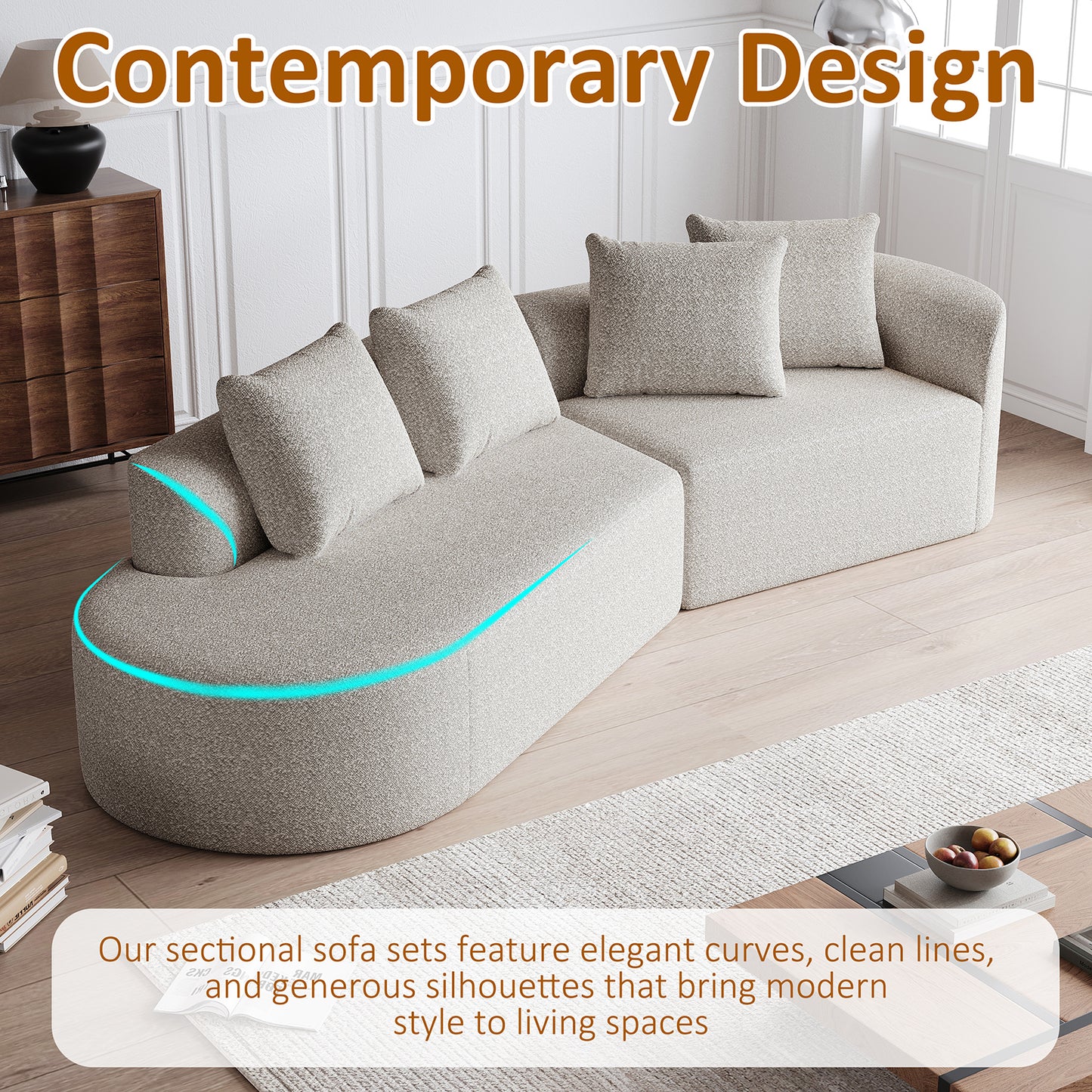 Extra Deep & Wide Seat Curved Cloud Couch with 4 Throw Pillows-3 Colors