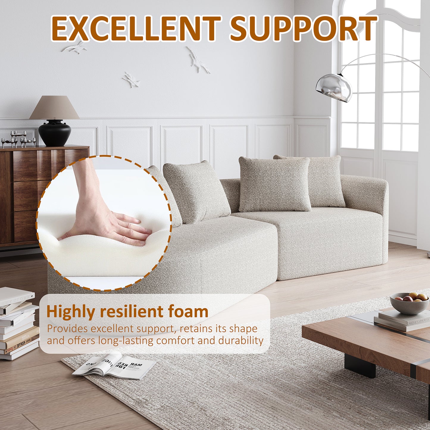 Extra Deep & Wide Seat Curved Cloud Couch with 4 Throw Pillows-3 Colors