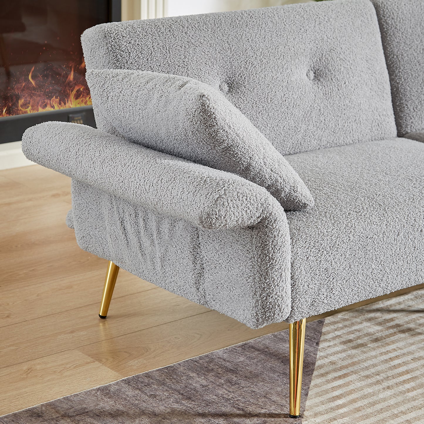 Folding Sleeper Sofa Bed with Foldable Armrest, Adjustable Backrest &amp; Golden Metal Legs – 3-in-1 Futon Loveseat for Living Room (Grey/Dark Blue)