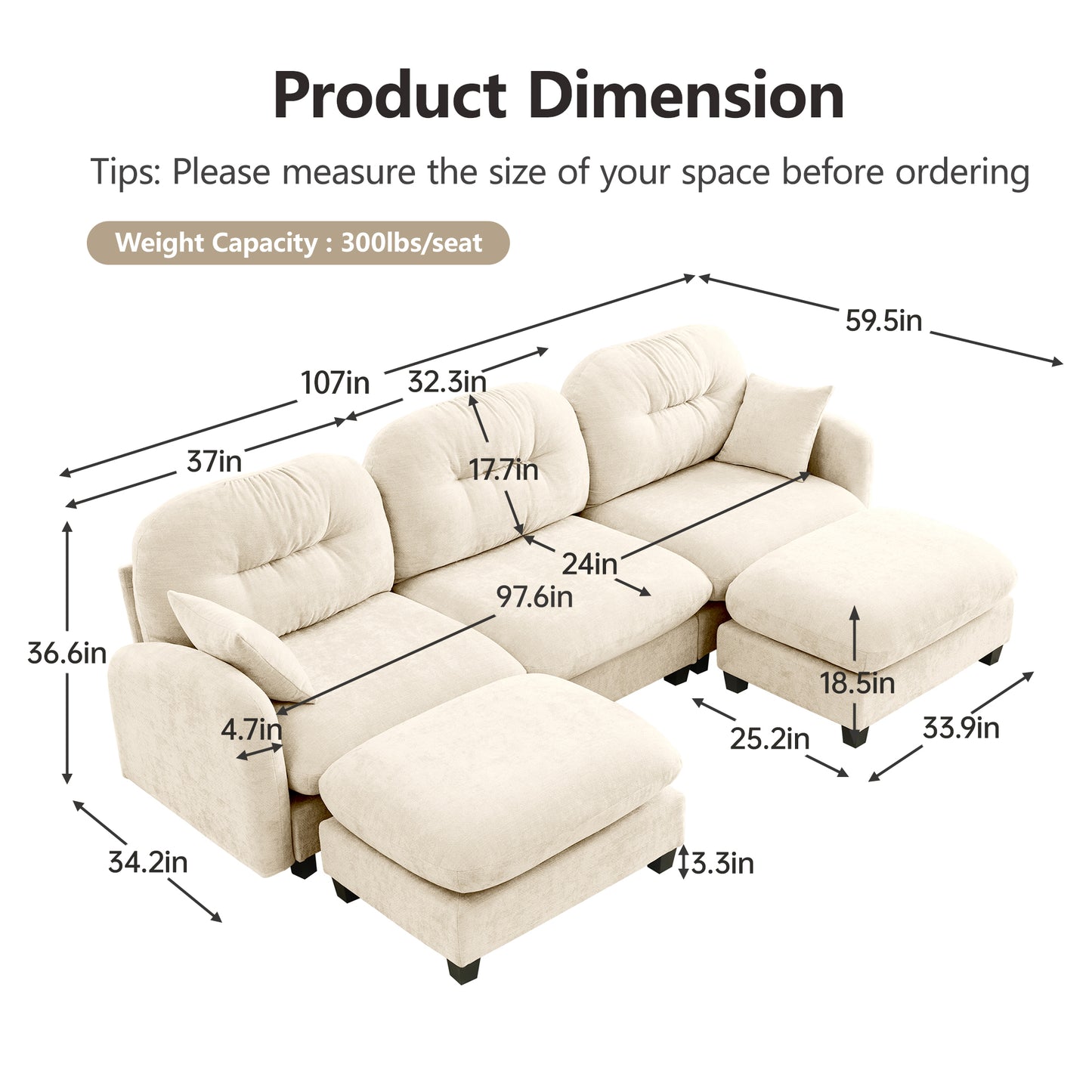 Modular Sectional Couch Chenille Fabric High-Density Foam 2-4 Seats ottoman Optional