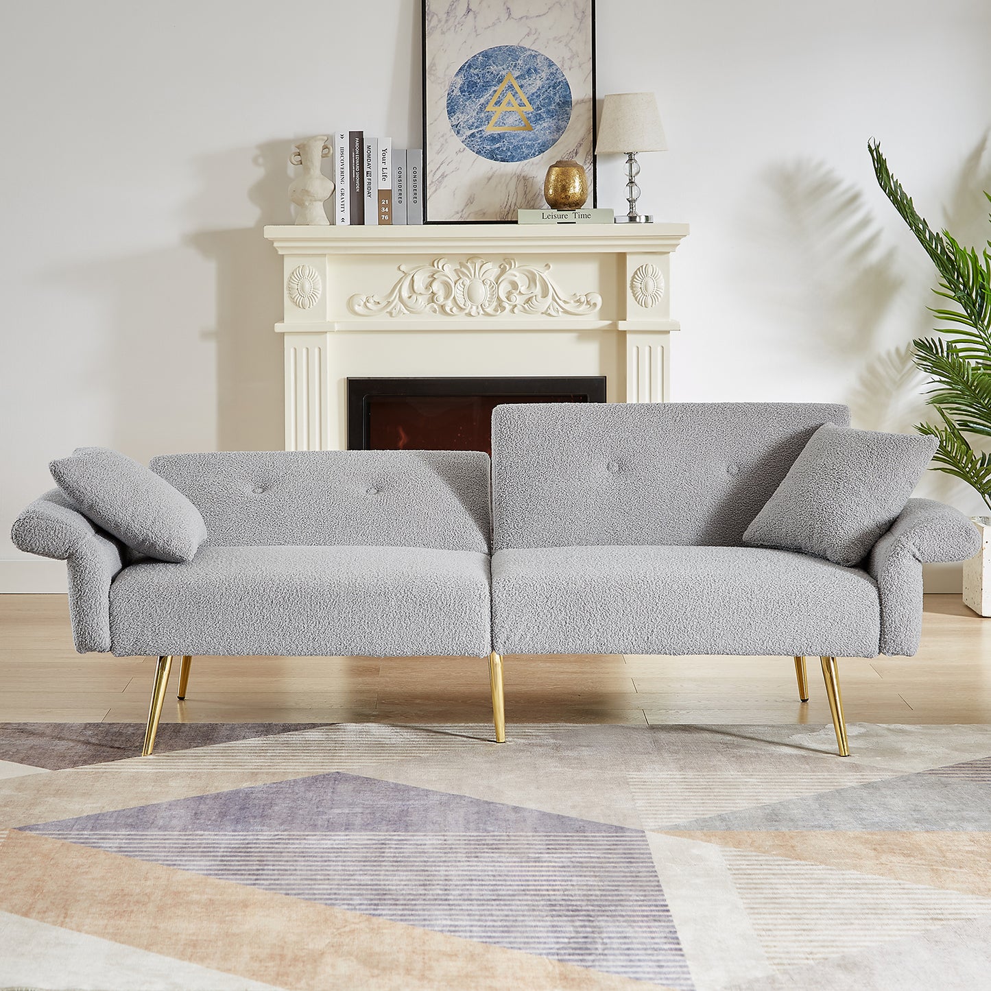 Folding Sleeper Sofa Bed with Foldable Armrest, Adjustable Backrest &amp; Golden Metal Legs – 3-in-1 Futon Loveseat for Living Room (Grey/Dark Blue)