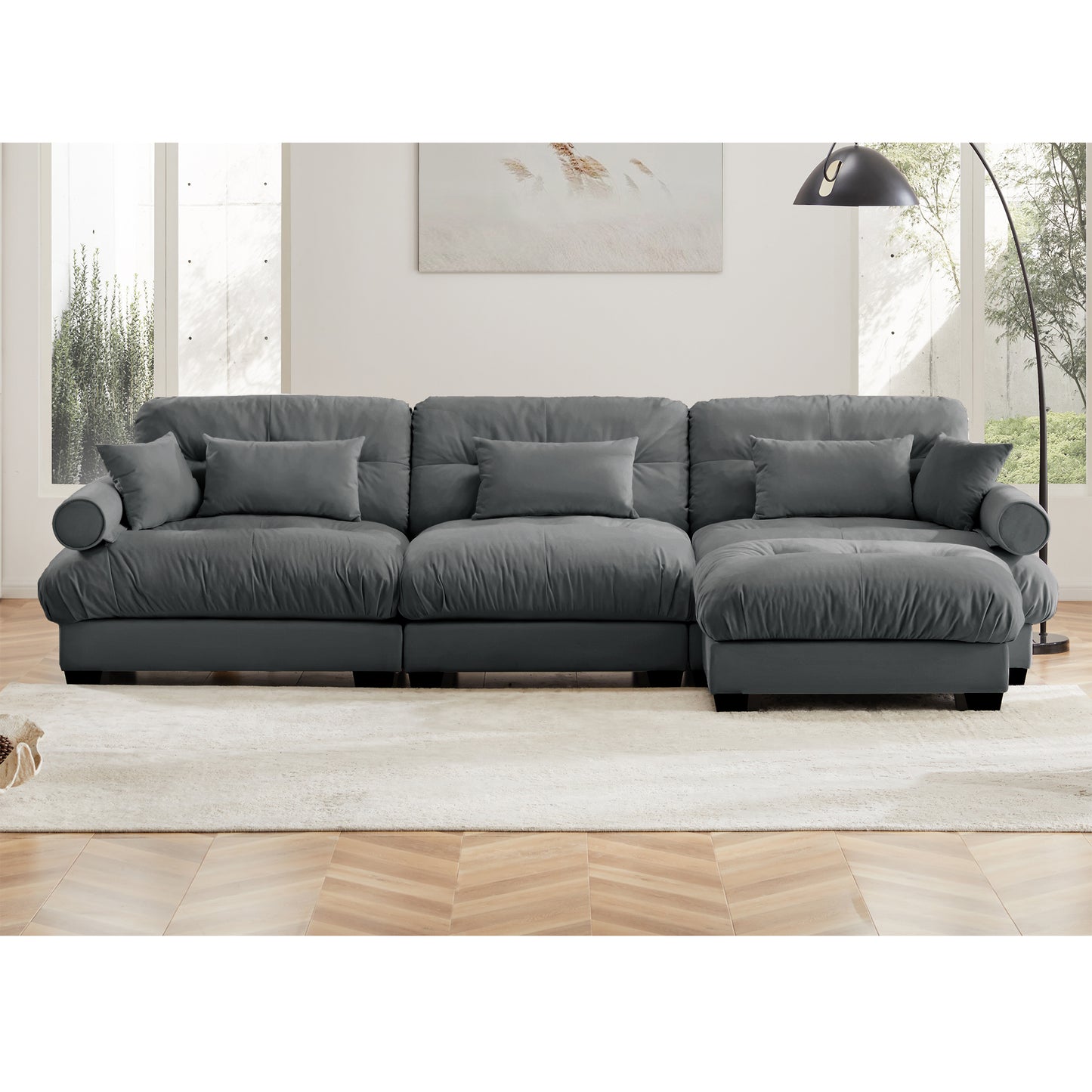 Deep Seat Cloud Couch Modular Velvet Sectional Sofa Couch with Movable Ottoman,Corner Sectional with Bolstered Armrests