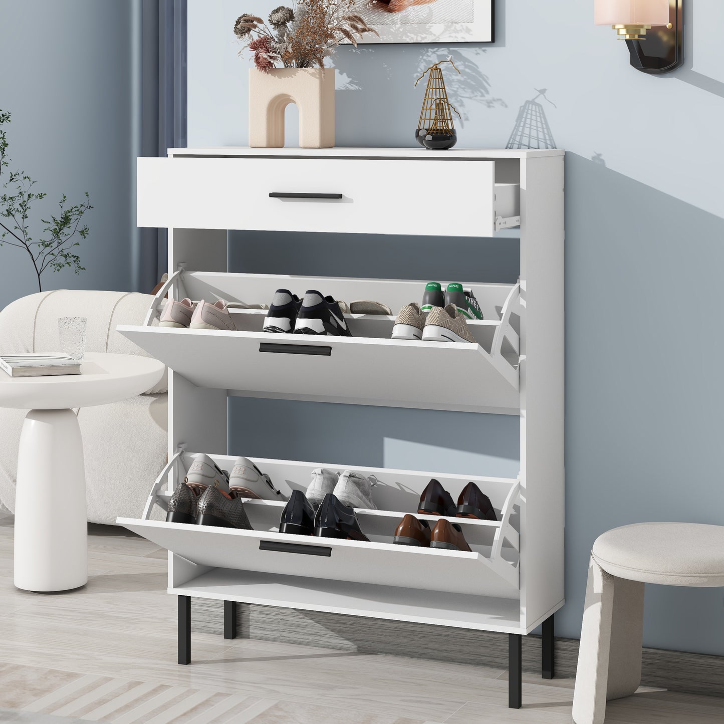 Shoe Cabinet, Freestanding Shoe Rack Storage Organizer with Drawers & Metal Legs