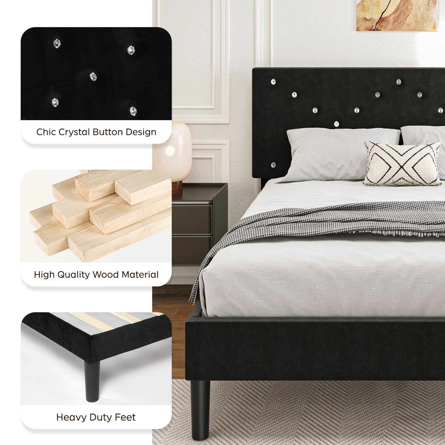 Modern Platform Bed Frame with Upholstered Headboard and Wooden Slats - Skip Box Spring, Easy Assembly