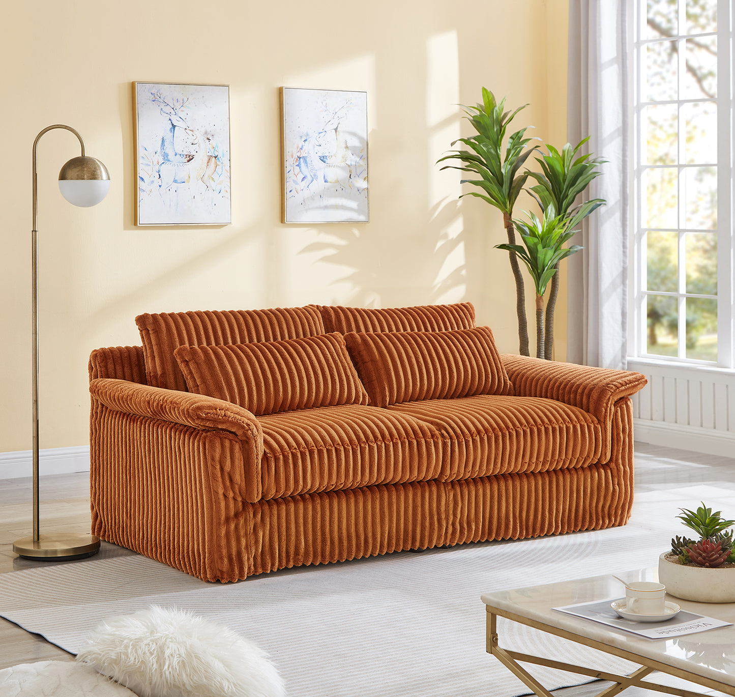 Cloud Corduroy Loveseat Sofa – Modern 2-Seater Comfy Couch for Small Spaces, Living Room, Bedroom, Apartment (Gray/Orange/Green)
