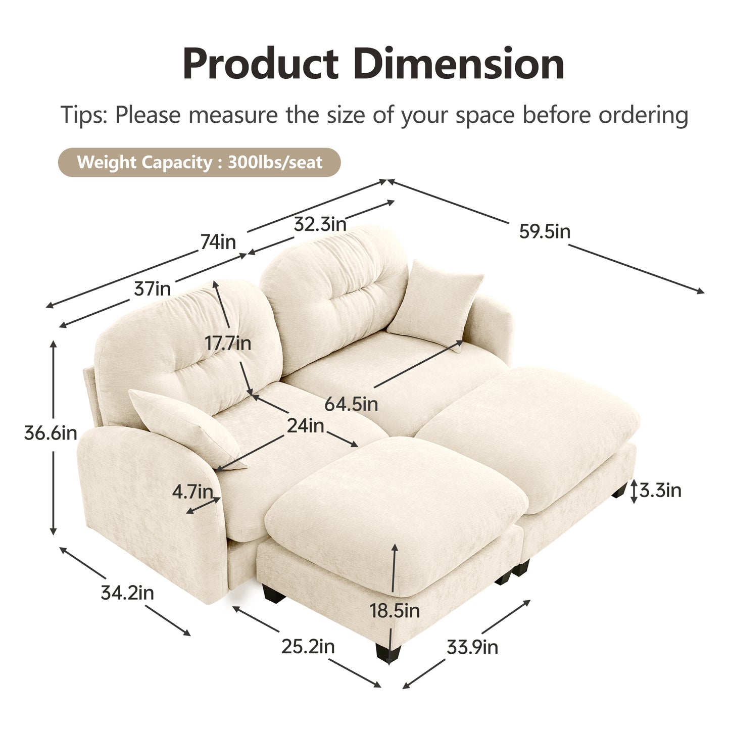 Modular Sectional Couch Chenille Fabric High-Density Foam 2-4 Seats ottoman Optional