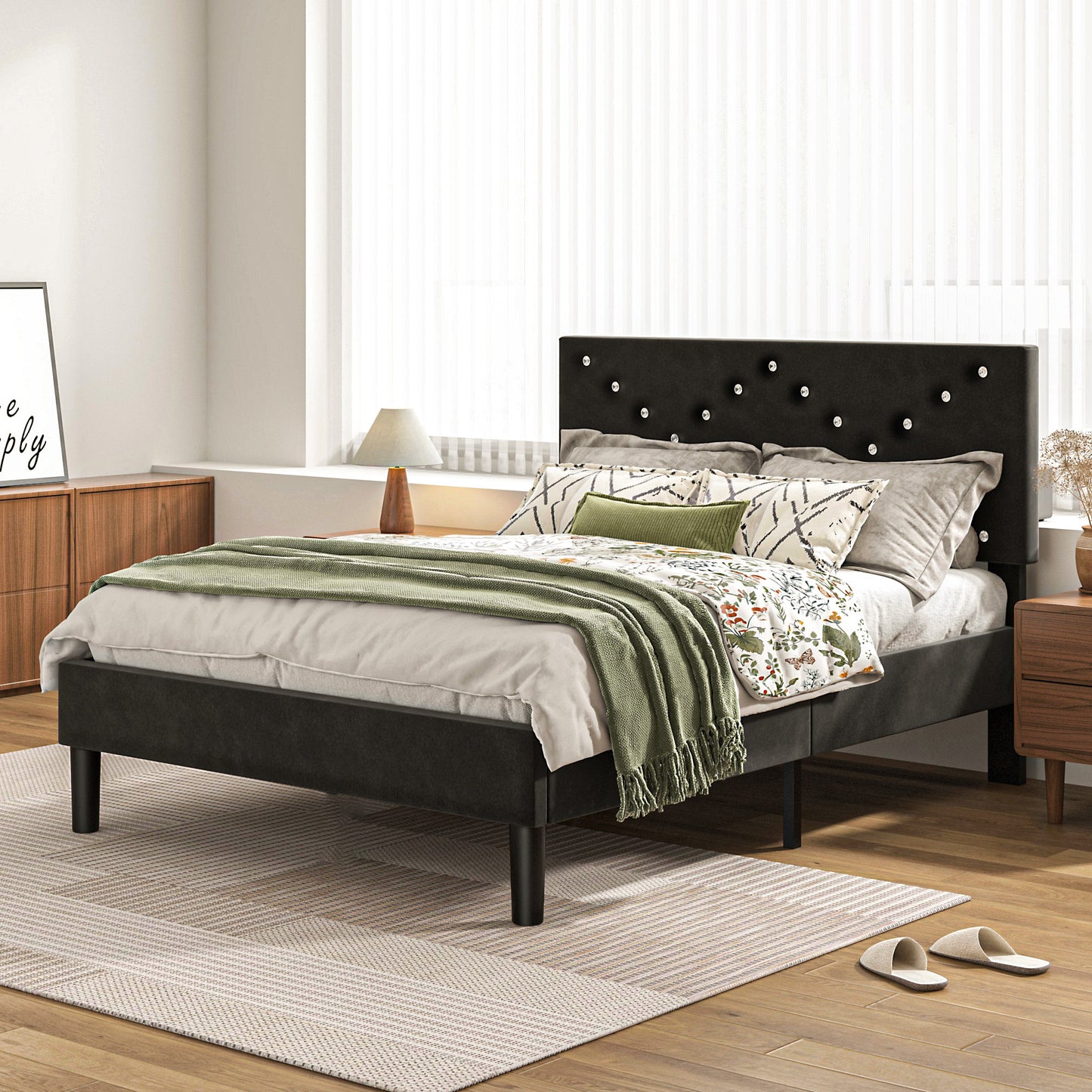 Modern Platform Bed Frame with Upholstered Headboard and Wooden Slats - Skip Box Spring, Easy Assembly