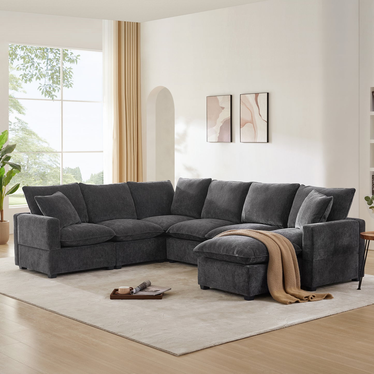 4-7 Seat Chenille Sectional Couch Set with 2 Pillows