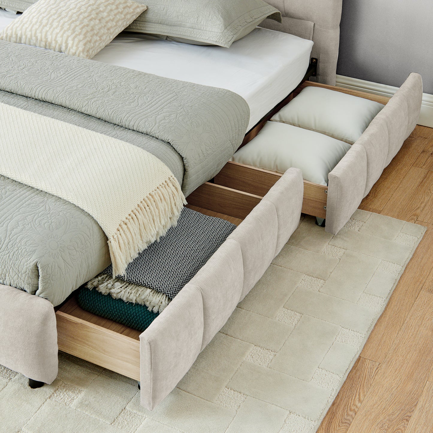 California King size Upholstered Bed Frame, Chenille fabric with headboard and solid bed frame. With drawer for storage