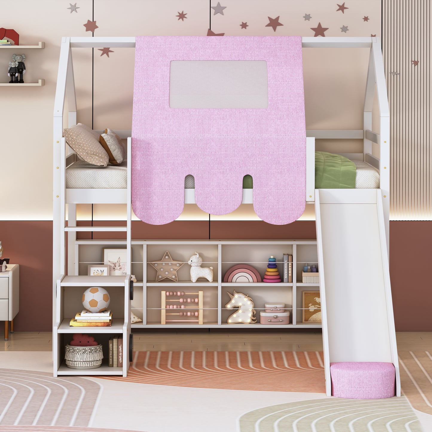 Wooden Loft Bed with House - Shaped Frame and Tent: Ideal for Kids' Rooms
