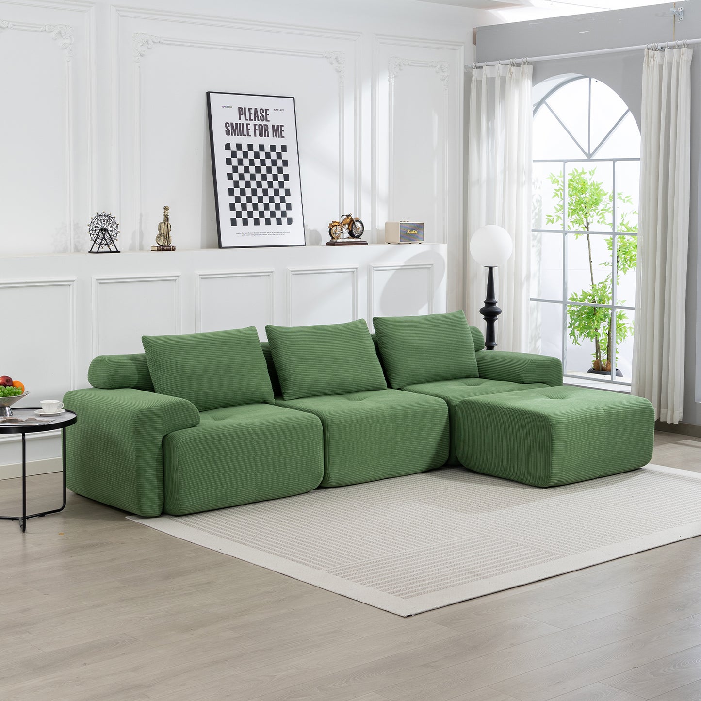 L-Shaped Sectional Sofa Bed – No Assembly, Memory Foam, Steel Frame (Grey/Green)