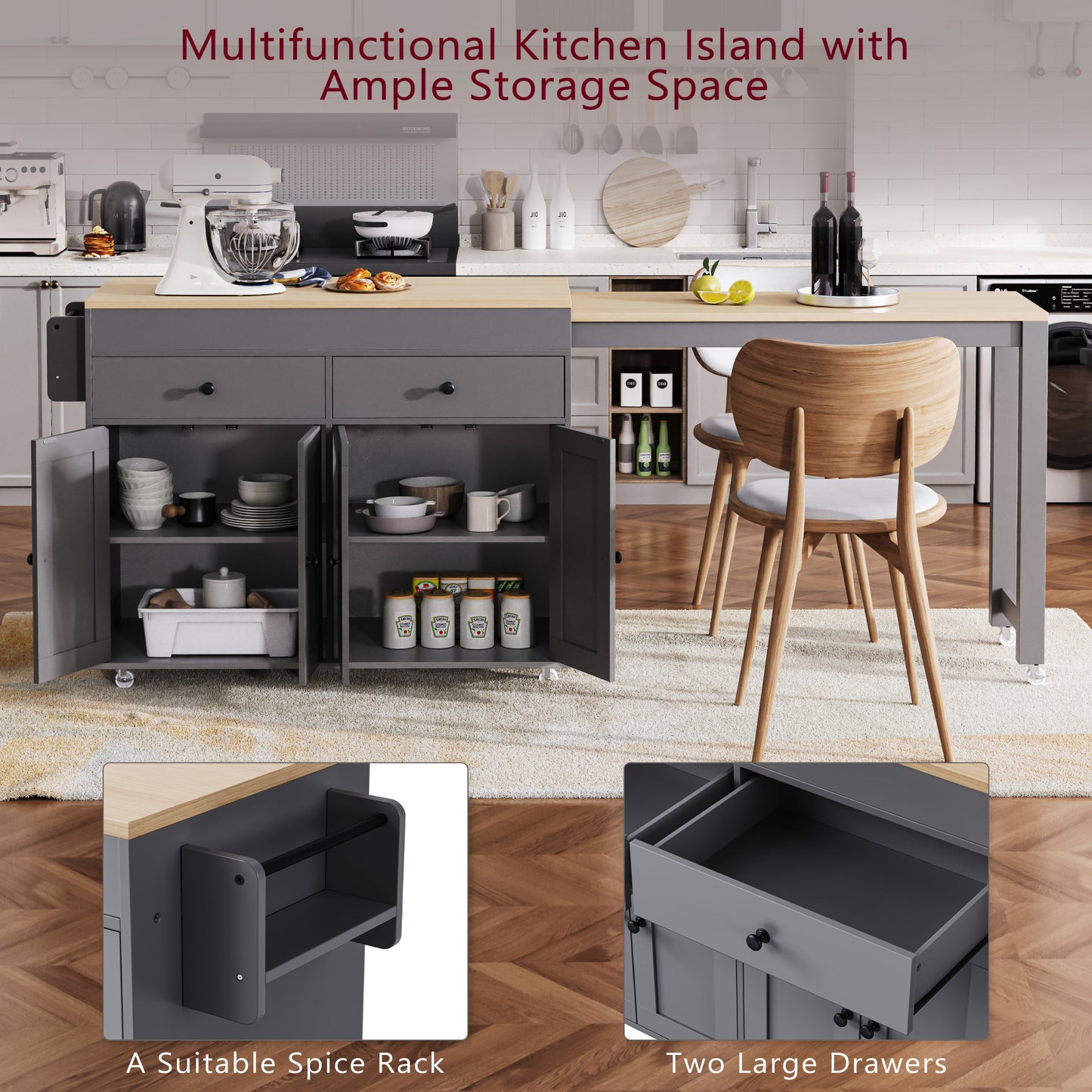 74.5" Kitchen Island - Extendable Table, Rolling Cart