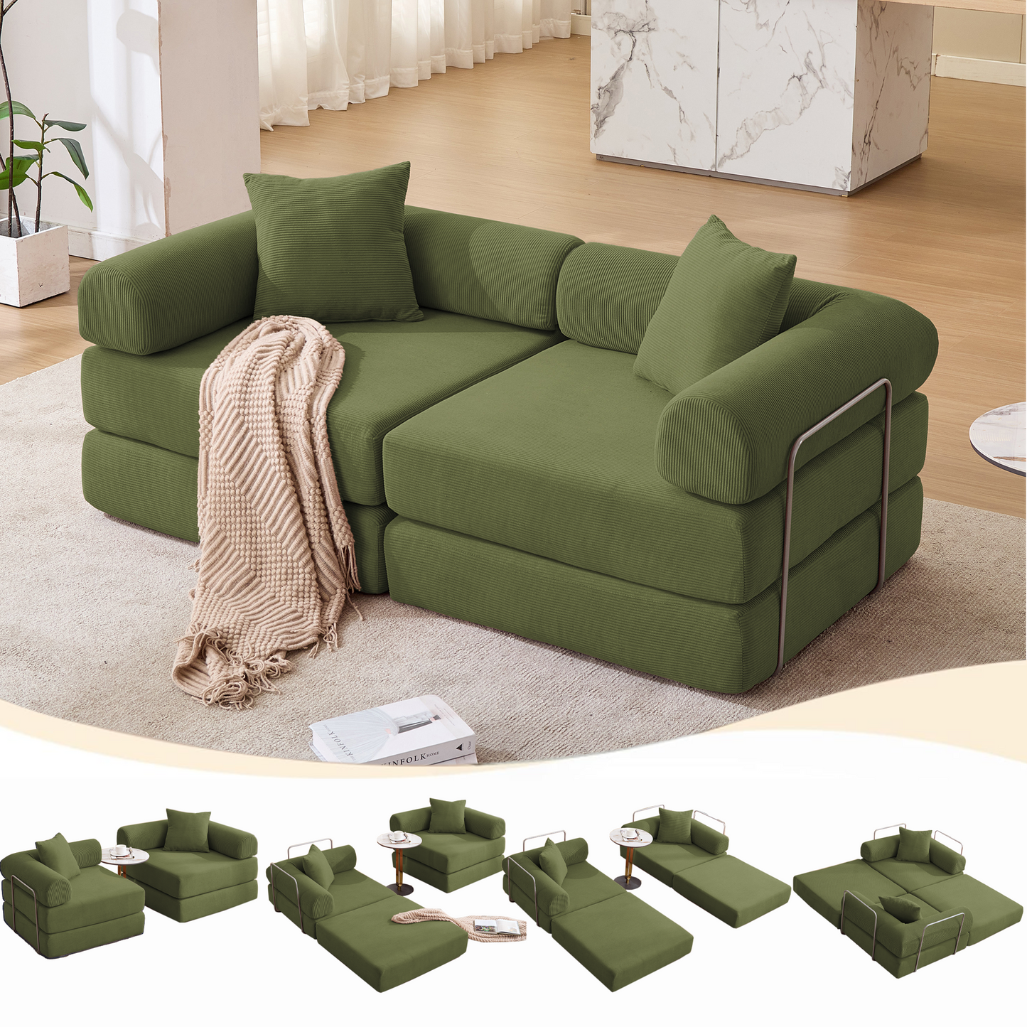 Modular Couch Sofa Bed for Apartment | Convertible Sofa Bed, Fixed-Shape Frame & Removable Armrests – No Assembly, Folding Mattress Couch for Small Spaces