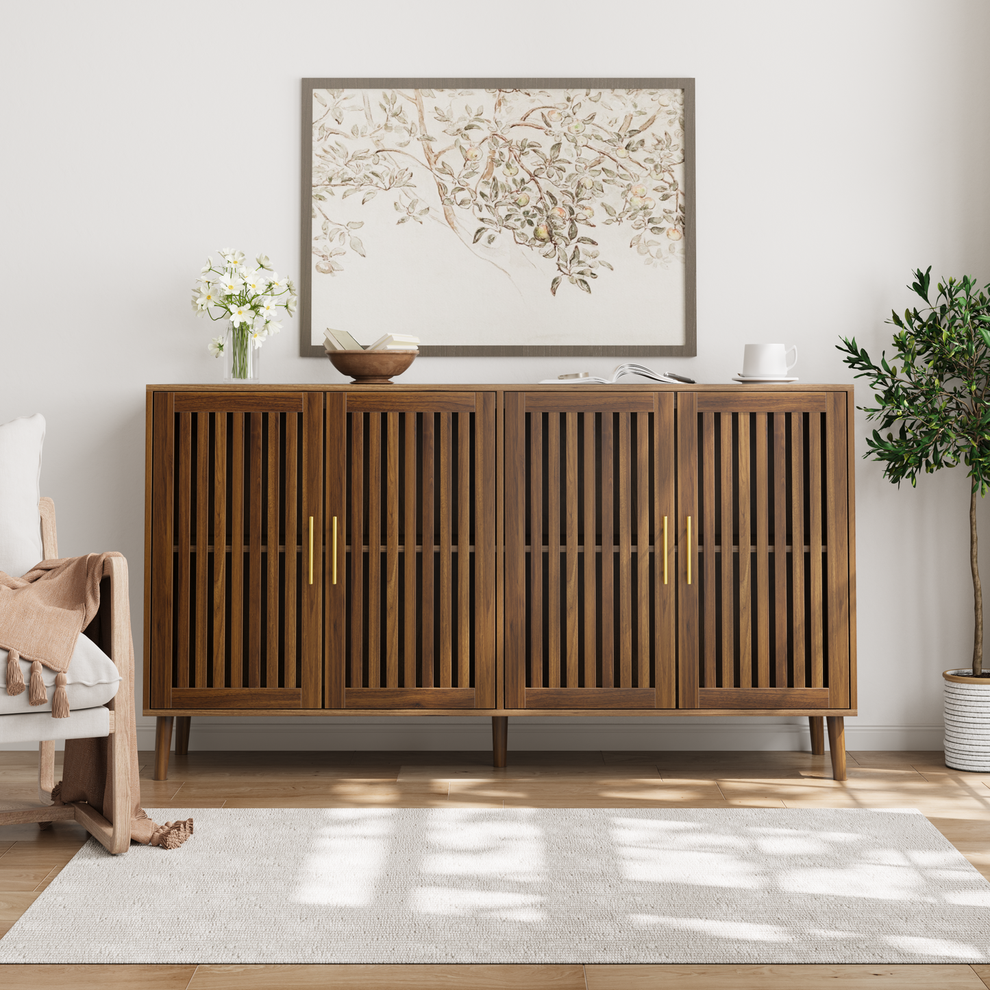 Walnut Sideboard Buffet Cabinet With Storage